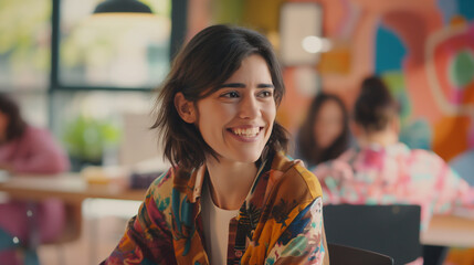 Positive Vibes: Woman Collaborates in Artistic Coworking Space