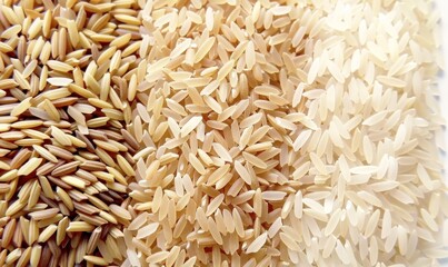Three different types of rice are shown in a pile