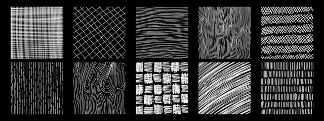Patterns with hand drawn linear hatching and crosshatching textures. Vector scribble, horizontal and wave strokes collection
