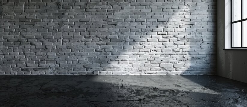 Empty room with a dark section of a white brick wall and a concrete floor