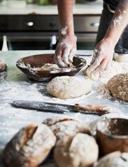 A man is making bread on a table with a knife and a bowl of flour