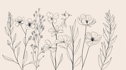 An Exploration of Minimalism and Nature  Exquisite Floral Botanical Line Art Capturing the Essence of Wilderness