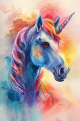 portrait of a unicorn in the style of watercolor painting with multicolored paints, wet watercolor technique, beautiful children's illustration, drawing, 