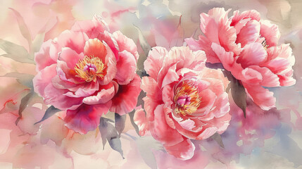 Fototapeta premium Pink watercolor peonies vintage greeting card, 