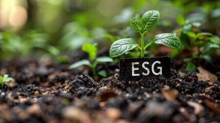 Close-up of a seedling beside 'ESG' letter blocks, showcasing key ideas of environmental, social,...