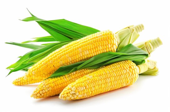Three yellow corn cobs with green leaves