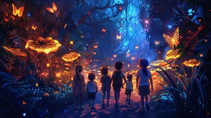 Children exploring a mystical forest illuminated by glowing plants and butterflies at dusk. Enchanted Forest Adventure at Twilight

