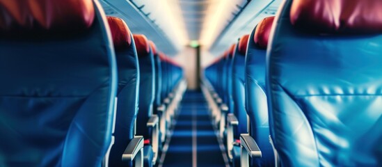 close-up of empty seats in interior of airplane