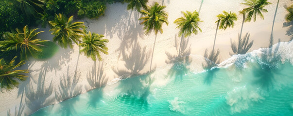 A stunning aerial view of a tropical beach with palm trees - obrazy, fototapety, plakaty
