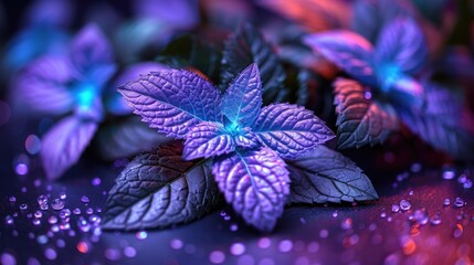 Illuminated purple leaves with water droplets