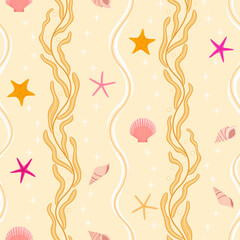 sea side beach marine life seamless pattern. pink  orange starfish, shell, conch and kelp background. seashore theme. good for fashion design, fabric, wallpaper, wrapping paper, resort wear,  swimwear