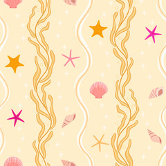 sea side beach marine life seamless pattern. pink  orange starfish, shell, conch and kelp background. seashore theme. good for fashion design, fabric, wallpaper, wrapping paper, resort wear,  swimwear