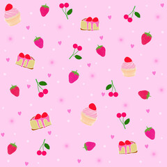 sweet pink strawberry shortcake and cherry fruit seamless pattern. illustration of red strawberry cupcake background. good for card, valentine, party, girly kids event.