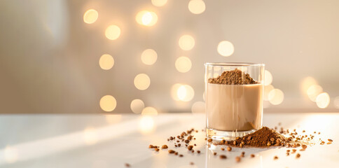 Obraz na płótnie Canvas Cocoa on sesame milk with date paste and bran in glass. On empty white table with lights. Delicious natural cocoa drink with grated chocolate and milk in a glass. Side view, copy space. Recipe, menu