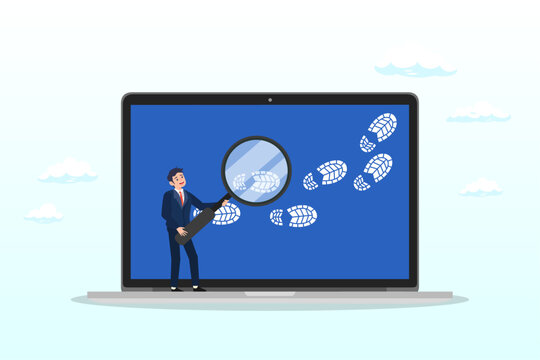Businessman detective using magnifying glass to track visitor footpath on laptop computer, website visitor tracking or digital footprint, analyse user behaviour or track bounce rate (Vector)
