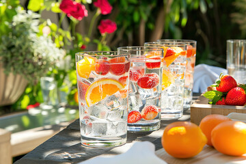 Refreshing fruit-infused water, served in glass on a sunlit garden terrace in the summer.