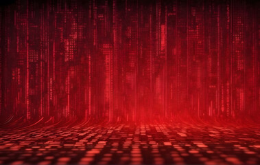A computer screen displaying red digital binary data in the background