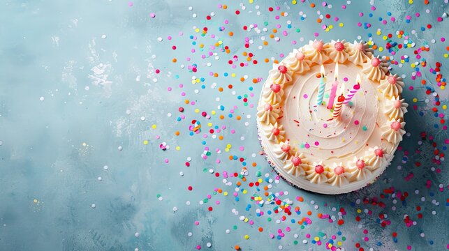 A small birthday cake with colorful sprinkles and a lit candle set against a blue backdrop.Generative AI