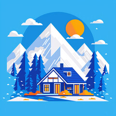 winter landscape with house. Illustration with cozy cottage against the backdrop of snow-capped mountains and blue spruce trees is ideal for posters cards website banners