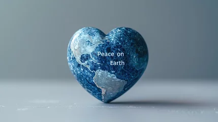 Fotobehang A minimalist design featuring a heart-shaped Earth with "Peace on Earth" written around it, set against a clean, light background, conveying a message of global unity. Generative AI © moumeni