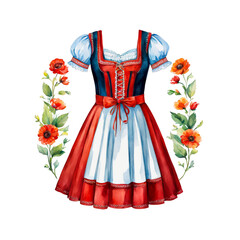 A traditional dirndl with poppies flowers, clothing showcase, watercolor illustration clipart, vector, red blue dress, for product ad promotion, presentation, scrapbook, wedding dress card, fashion 