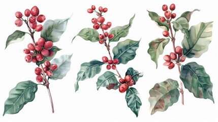 Set of Red coffee arabica beans on branch with flowers isolated, watercolor illustration, watercolor illustration  - obrazy, fototapety, plakaty