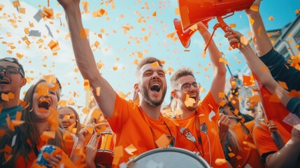 A joyful group of musicians wearing orange shirts and big smiles, playing drums and other musical instruments in a vibrant crowd. AIG41