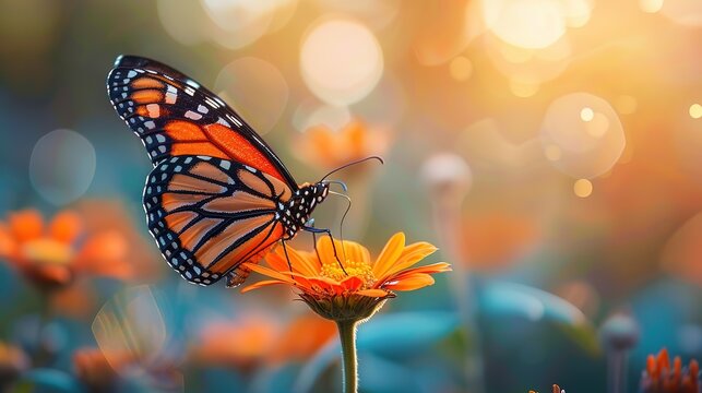 Monarch butterfly with open wings perched on a yellow flower at sunset. Generative AI