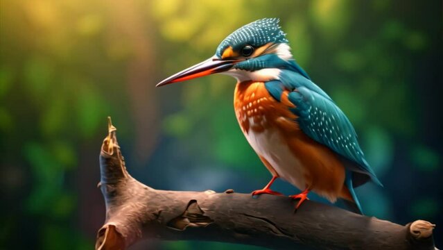 Kingfisher perched together on a branch in nature, surrounded by vibrant colors of blue, white, and orange, amidst a backdrop of water and wildlife