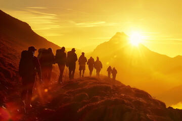 A group of people walks through the mountains at sunset