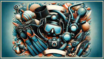 For diving lovers, wallpaper, background, diving equipment collage, poster for father's day, concept art style.