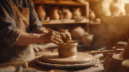  A man is crafting tableware on a pottery wheel, creating dishes for food and drinks. AIG41 © Summit Art Creations