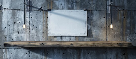 A wooden shelf in a rustic industrial setting with a concrete wall featuring a shelf and empty poster.