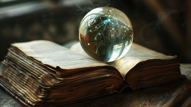 Transparent mystical spheres in books reveal secrets to curious readers. generative AI image