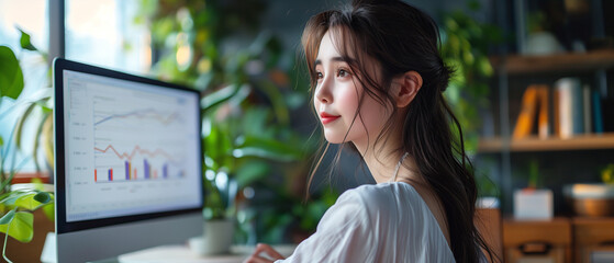 A businesswoman sitting at her desk in a modern office. She is looking at a computer screen displaying sales data