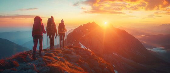 The women hikers helped each other reach the top of the mountain during sunrises - obrazy, fototapety, plakaty