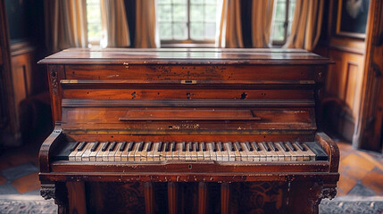 Fototapeta na wymiar Photo of old piano in the house. Antique musical instruments for home decoration. Generative AI