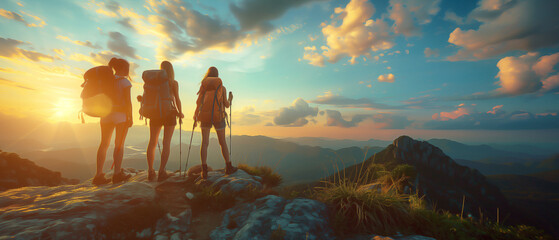 The women hikers helped each other reach the top of the mountain during sunrises - obrazy, fototapety, plakaty