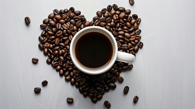 An arrangement of coffee beans forming a heart shape around a white ceramic coffee cup. Generative AI