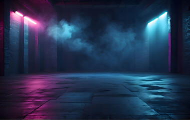 The spotlight illuminates the asphalt floor of the studio room, while tendrils of smoke dance through the air, enhancing the interior ambiance - obrazy, fototapety, plakaty