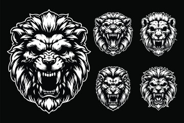 Dark Art Angry Beast Lion Skull Head Black and White Illustration