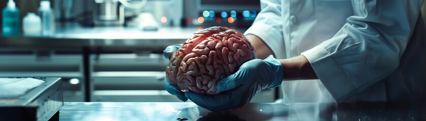 Gloved hands of a medical professional hold a human brain, indicative of an examination or research in a well-equipped, contemporary laboratory. - obrazy, fototapety, plakaty