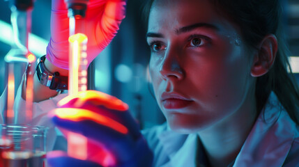 A female scientist meticulously conducts an experiment with neon-colored test tubes, illustrating a high-tech laboratory research environment. - obrazy, fototapety, plakaty
