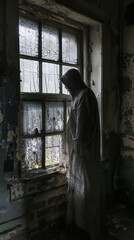 Inside the haunted asylum a spectral figure appears by the window - obrazy, fototapety, plakaty