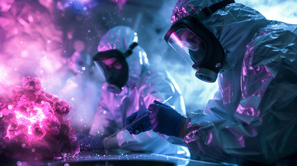 Scientists in protective suits investigate vivid viral particles in a high-security biolab environment, reflecting the intensity of pathogen research. - obrazy, fototapety, plakaty