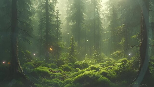 forest floor firefly dancing subtle aura mossy carpe. seamless looping overlay 4k virtual video animation background