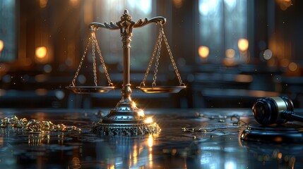 Scales of justice near gavel on black table. Legal law concept. Generative AI - obrazy, fototapety, plakaty
