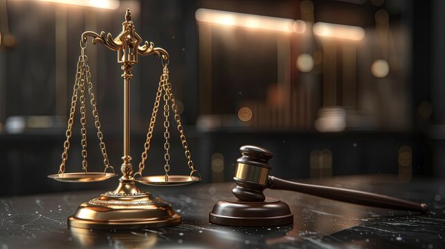 Scales of justice near gavel on black table. Legal law concept. Generative AI