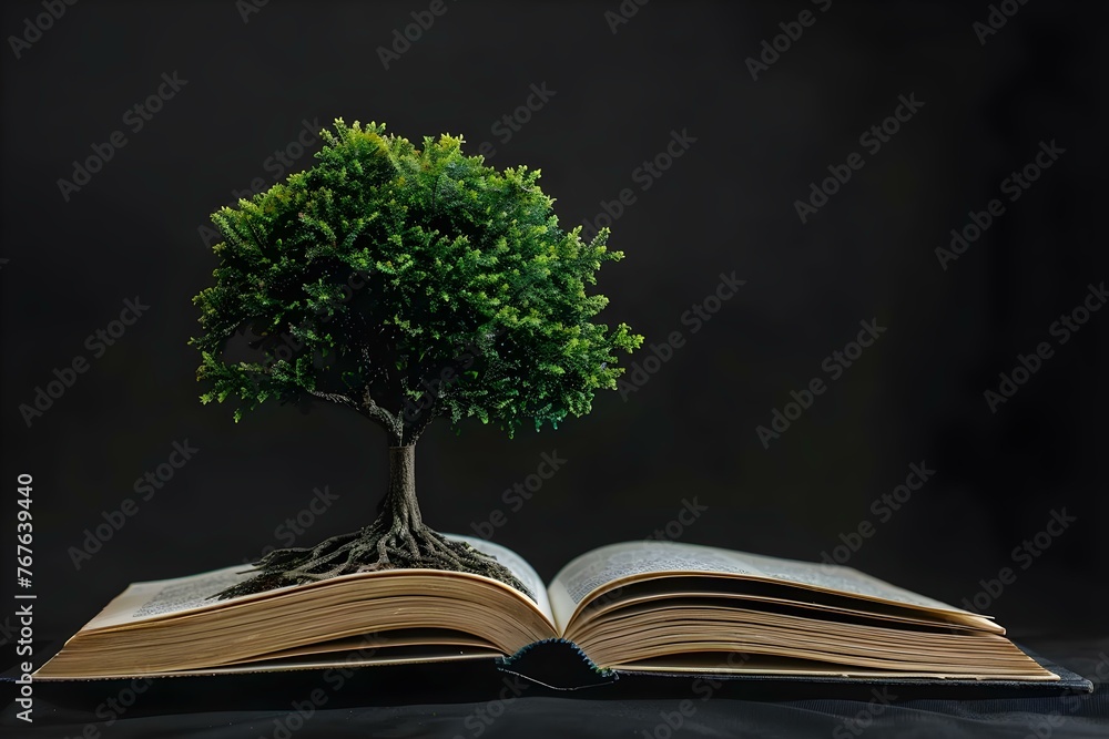 Poster a tree growing out of an open book symbolizing knowledge and learning against a black background. co
