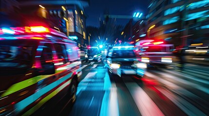 A blurred motion shot of emergency vehicles rushing to an accident scene at night, emphasizing urgency, - obrazy, fototapety, plakaty